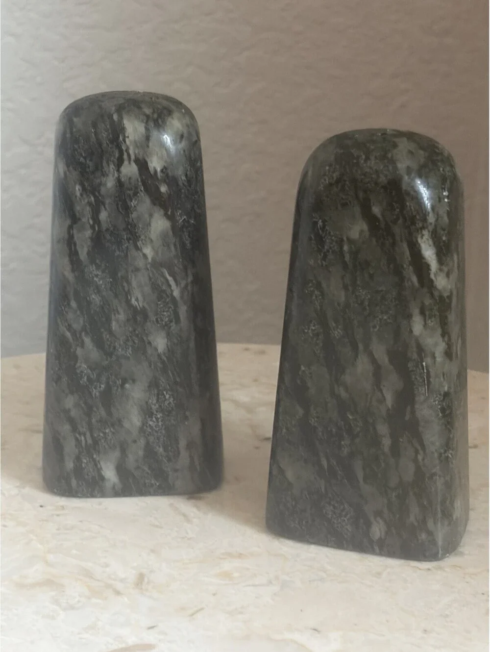 Vintage Deep green Marble Salt & Pepper Shakers with Stoppers Flat EUC